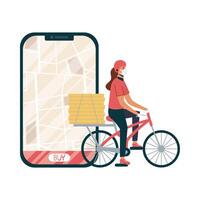 smartphone with delivery map and woman with mask vector design