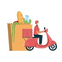 Delivery man with mask motorcycle bag and boxes vector design