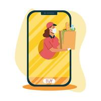 Mujer de entrega con máscara y bolsa en diseño vectorial de teléfono inteligente vector