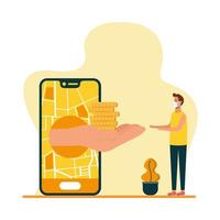 smartphone with delivery map coins and man client vector design