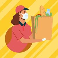 Delivery woman with mask and bag vector design