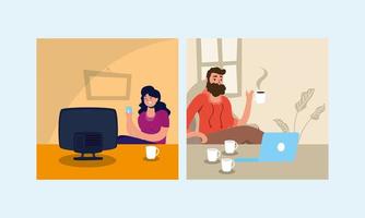 couple using laptop and watching tv stay at home campaign vector