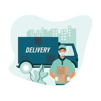 Delivery truck and man with box vector design