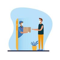 Delivery man with mask and box on smartphone with client vector design