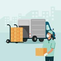 Delivery truck and man with boxes on cart vector design