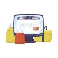 Escritorio con tecnología de comercio electrónico de bolsas de compras. vector