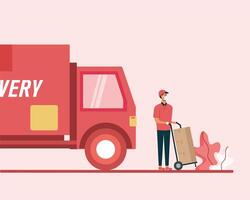 Delivery truck and man with boxes on cart vector design