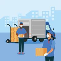 truck woman and man with masks and boxes on cart vector design