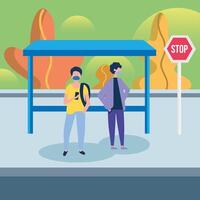 men with masks at bus stop vector design