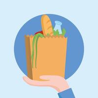 hand holding bag with bread vegetables and milk bottle design vector