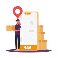smartphone with delivery map and woman with mask vector design
