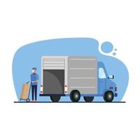 Delivery truck and man with boxes on cart vector design
