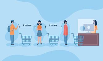 Social distancing between boys and girl with masks and carts vector design