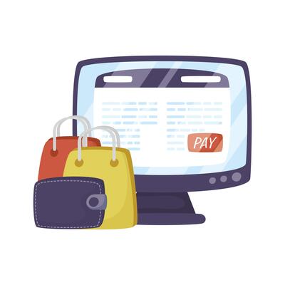 desktop with shopping bags ecommerce technology