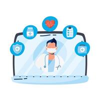 professional doctor with stethoscope in laptop vector