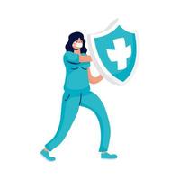 female doctor with shield insurance vector