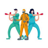 professional doctors couple boxing with gloves and biosafety worker vector