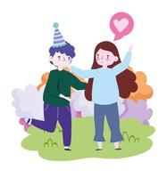 people together to celebrate a special event, happy couple hugging celebrating in the park vector