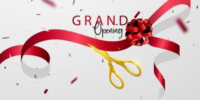 Grand opening card with red ribbon background glitter frame template. vector