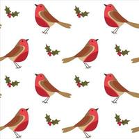 Seamless Christmas pattern with Robin bird, berries and leaves on white background. vector