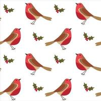 Seamless Christmas pattern with Robin bird, berries and leaves on white background. vector