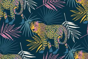 Tropical seamless pattern with palm leaves and leopard. vector