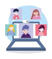 online party, meeting friends, people keep in touch using video call on laptop vector