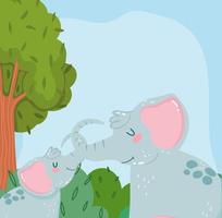 cute animals elephants tree bushes forest nature wild cartoon vector