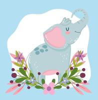 lindo animal elefante flores follaje naturaleza decoración dibujos animados vector