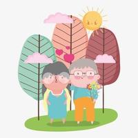 feliz día de los abuelos, pareja de ancianos con flores, cita romántica caricatura, abuelo abuela personajes vector