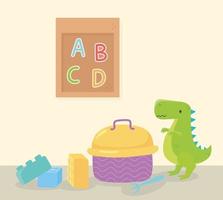 kids toys object amusing cartoon dinosaur blocks and lunch box vector