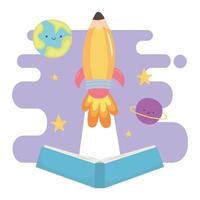 back to school, open book flying rocket and planets education cartoon vector