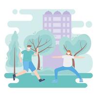 people with medical face mask, couple practicing exercise in the park, city activity during coronavirus vector