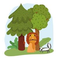 animales lindos león y zorrillo hierba bosque árboles naturaleza salvaje dibujos animados vector
