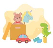 kids toys object amusing cartoon bear unicor in box and car dinosaur blocks vector