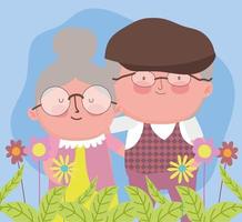 feliz día de los abuelos, pareja de ancianos abrazando dibujos animados, abuelo abuela personajes con flores vector