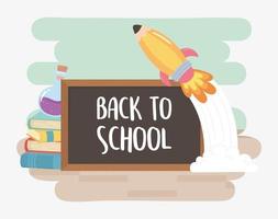 back to school, flying rocket blackboard and books education cartoon vector