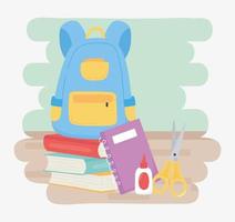 regreso a la escuela, mochila, libros, cuaderno, pegamento, regla y tijeras, educación, dibujos animados vector