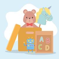 juguetes para niños objeto divertido caja de dibujos animados con oso de peluche unicornio robot y tablero vector