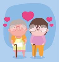 happy grandparents day, elderly grandma grandpa with hearts love walk sticks cartoon vector