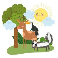 cute animals skunk deer and toucan grass tree foliage wild cartoon vector