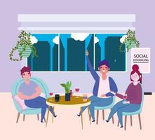 distanciamiento social restaurante o cafetería, pareja y hombre mantienen distancia en la mesa, covid 19 coronavirus, nueva vida normal vector