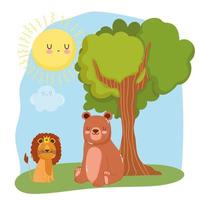 cute animals lion and bear sitting on grass forest nature wild cartoon vector