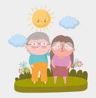 happy grandparents day, elderly couple standing grass flowers landscape cartoon vector