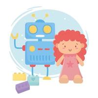 juguetes para niños objeto divertido dibujos animados lindo muñeca robot y bloques vector