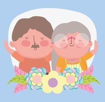 feliz día de los abuelos, pareja de ancianos, flores, retrato, caricatura vector