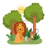 animales lindos león mono y zarigüeya árboles follaje hierba bosque salvaje dibujos animados vector