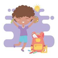 regreso a la escuela, estudiante, niño, mochila, regla, lápices y paleta de colores, educación, caricatura vector