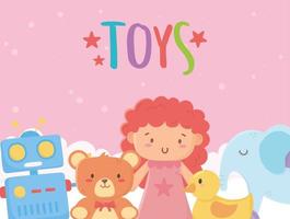 kids toys object amusing cartoon doll bear elephant duck and robot vector