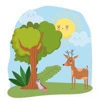 lindos animales reno y zarigüeya hierba árbol follaje naturaleza salvaje dibujos animados